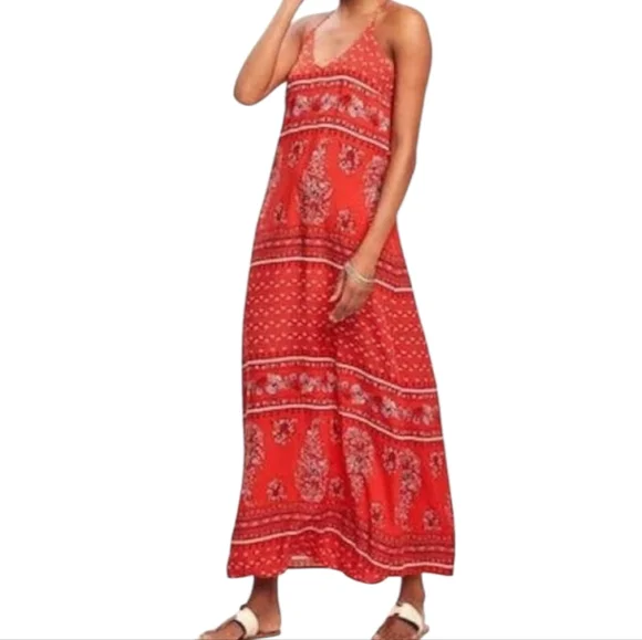 Old Navy Floral Maxi Dress Womens XXL Tall Red Puff Sleeve Open Back Cottage